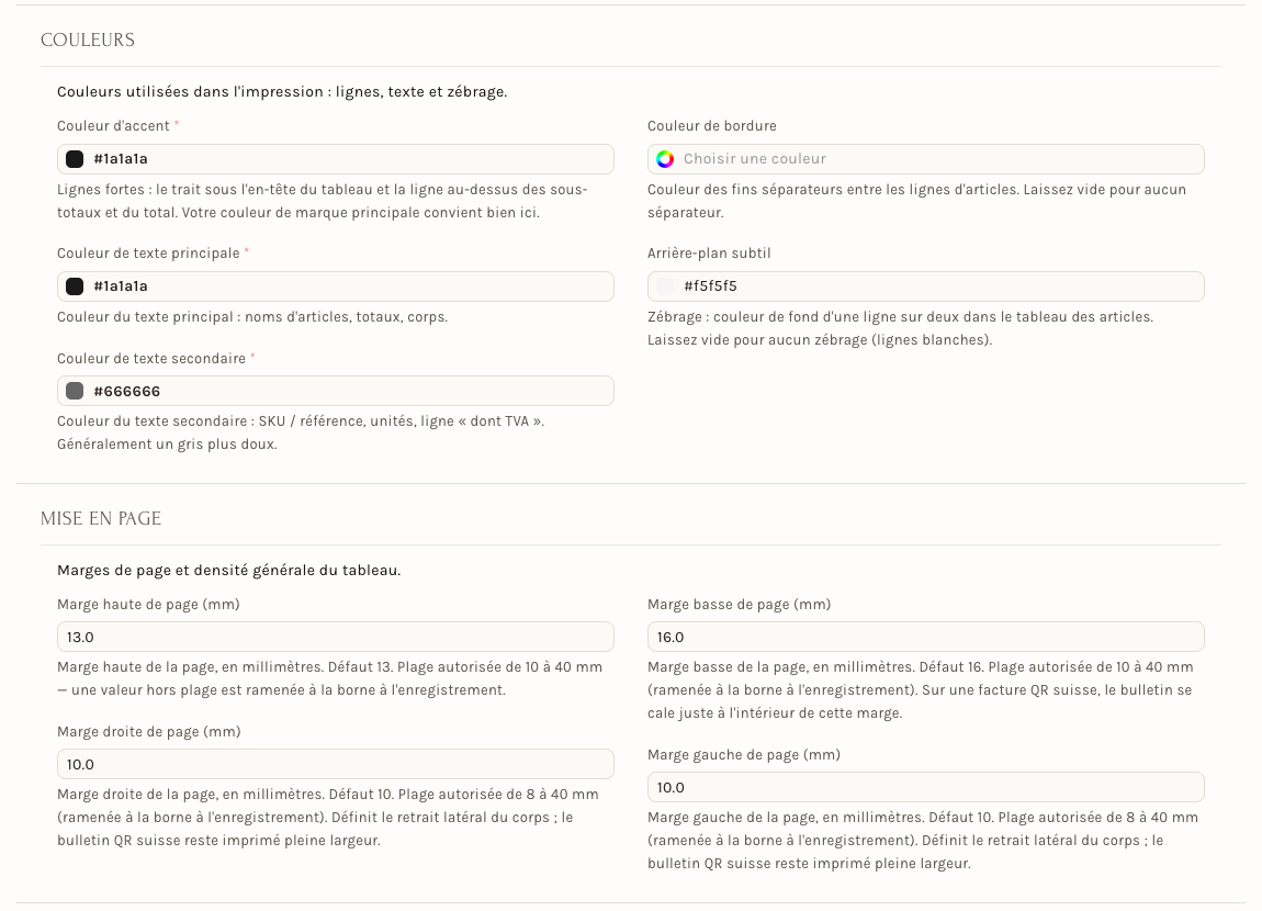 Les sections Couleurs et Mise en page de la fiche d'un thème