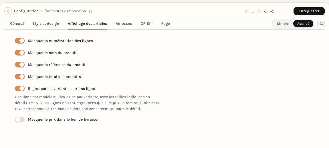 L'onglet Affichage des articles des Paramètres d'impression : chaque interrupteur allumé masque l'élément correspondant sur les documents
