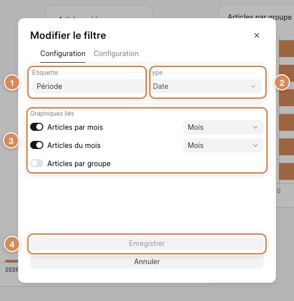Le premier onglet du filtre : étiquette, type et graphiques liés
