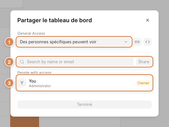 La fenêtre de partage d'un tableau de bord