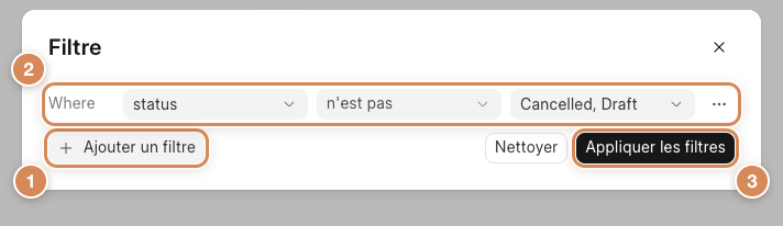 Le filtre : les factures dont le statut n'est ni Cancelled ni Draft
