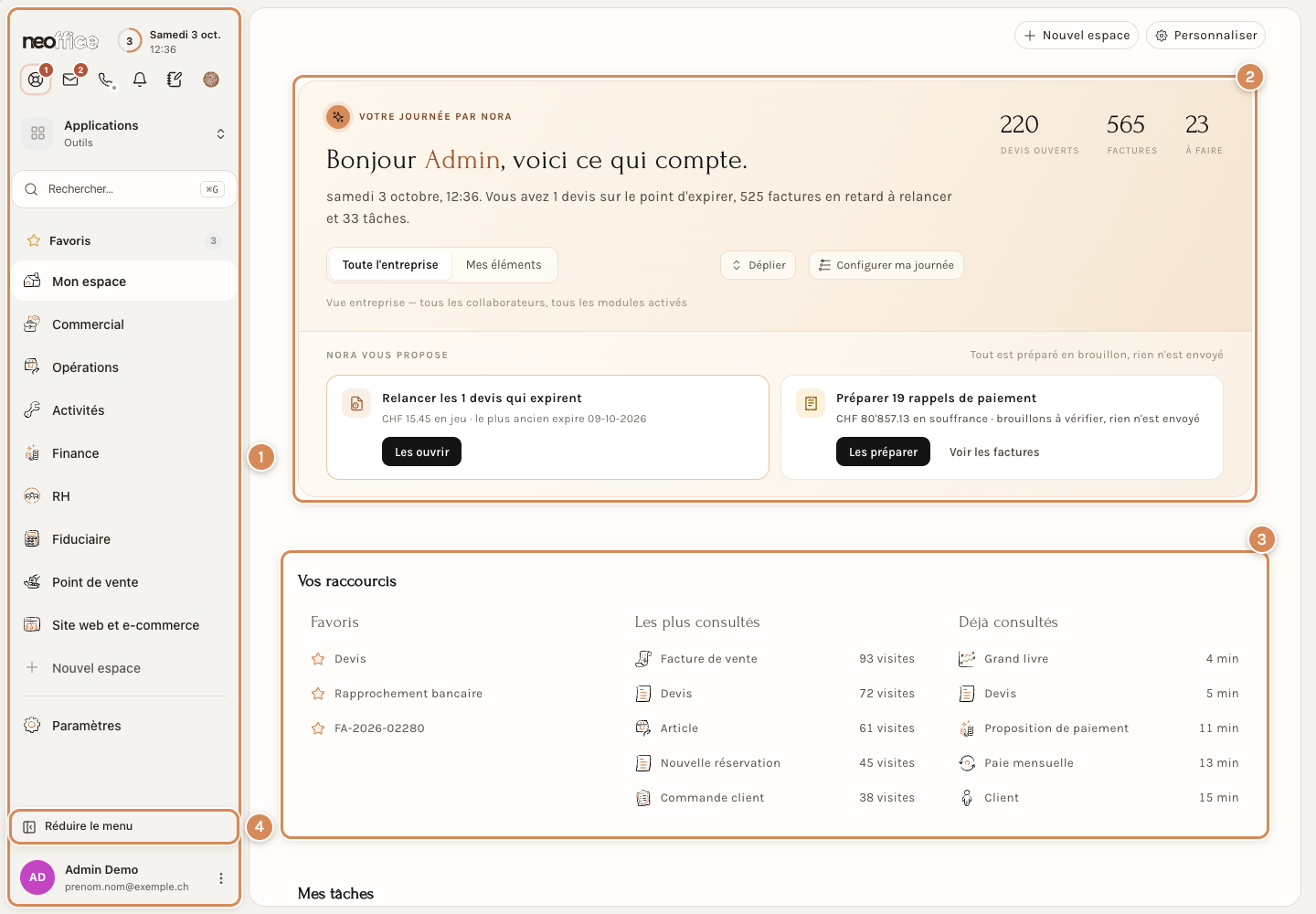 Mon espace, la page d'accueil, avec ses quatre zones numérotées
