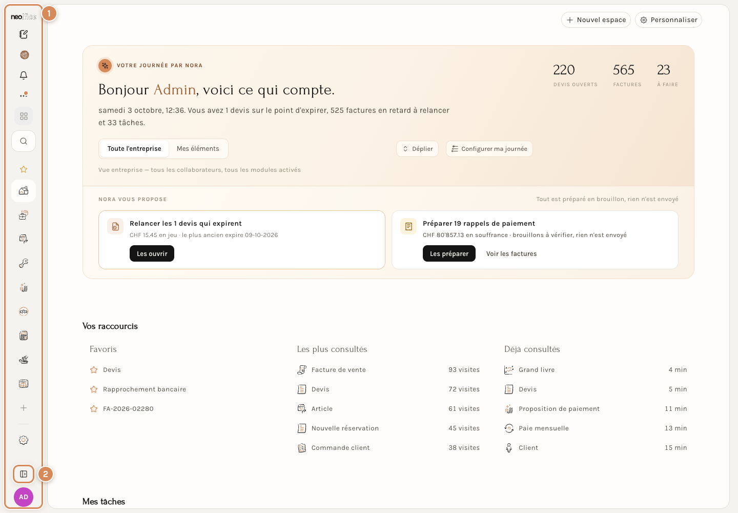 Mon espace avec le menu replié