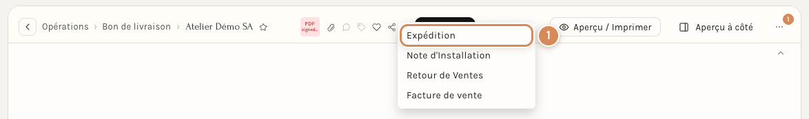 Le menu Créer d'un bon de livraison validé, avec l'entrée Expédition