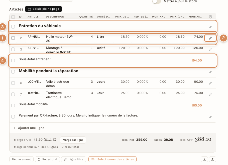 Le tableau Articles d'une facture de vente : des lignes d'articles, une ligne de titre, une ligne de sous-total, et le crayon de chaque ligne