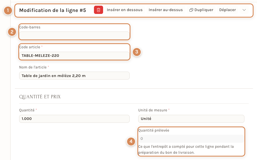Le haut de la ligne d'un bon de livraison : code-barres, code article, quantité prélevée