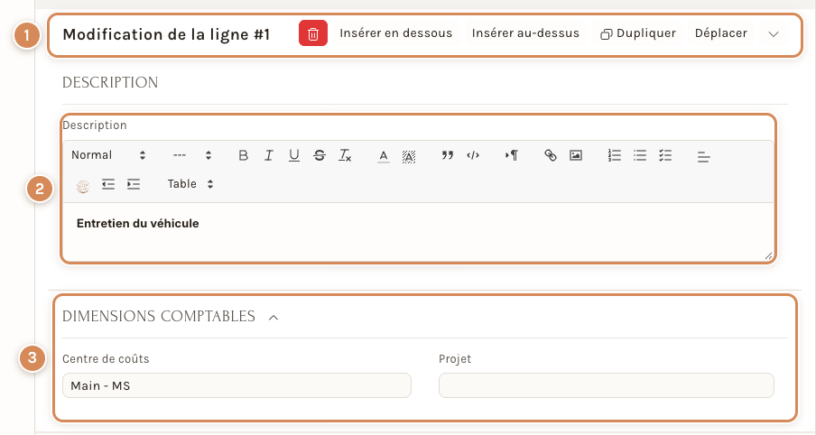 La ligne de titre d'une commande : description et dimensions comptables