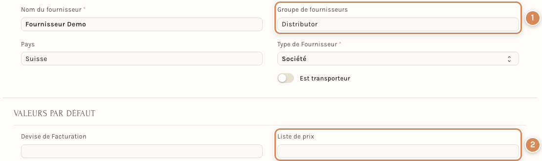 La fiche d'un fournisseur : le groupe et la liste de prix