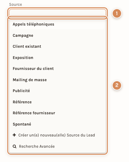 Le champ Source d'un devis, ouvert sur sa liste