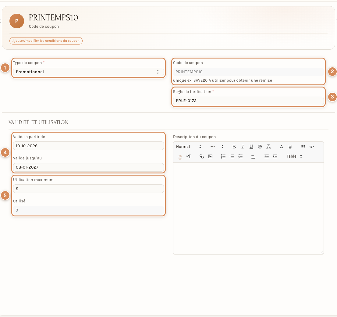 La fiche d'un code de coupon