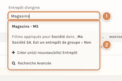 Le champ Entrepôt d'origine d'une commande client, ouvert sur sa liste