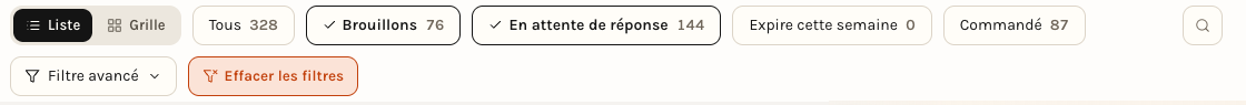 Deux vues allumées : Brouillons et En attente de réponse