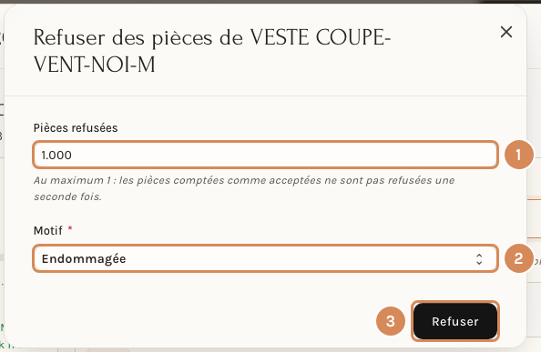 Refuser une pièce à la réception