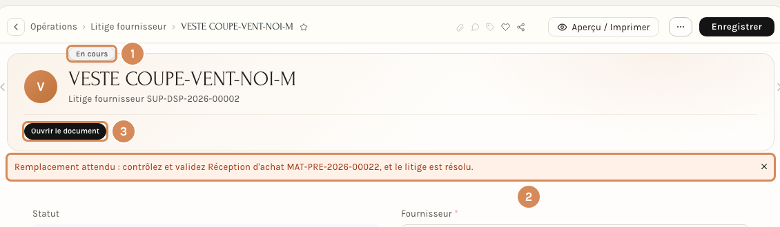 Un litige en cours, avec son document à valider