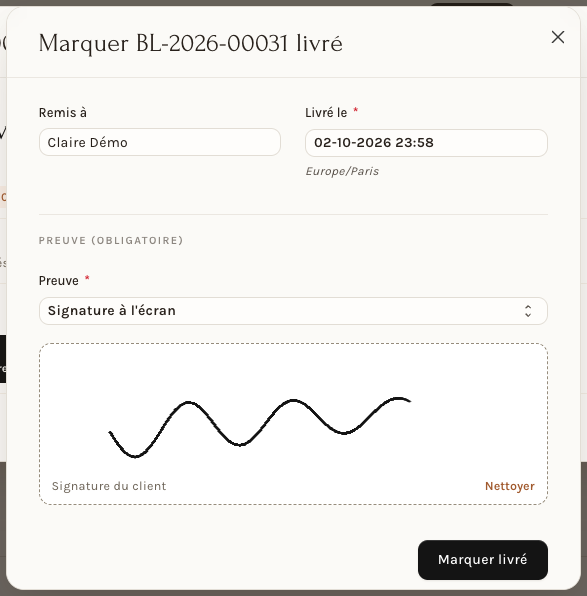 La fenêtre « Marquer livré » avec une signature