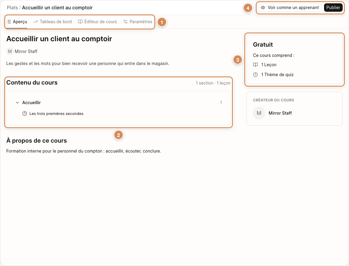 La page d'un cours : ses quatre onglets, son plan et les boutons du haut
