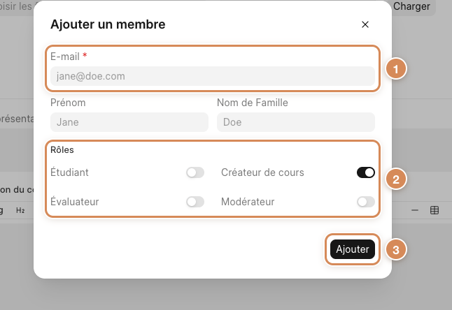 La fenêtre Ajouter un membre : l'adresse e-mail, les quatre rôles et le bouton Ajouter