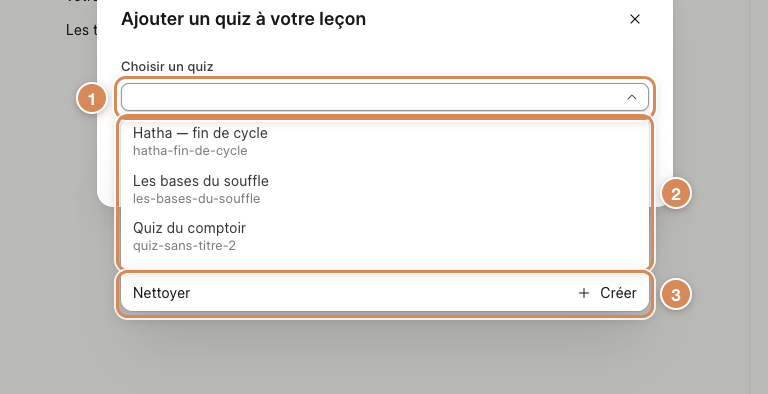 La liste des quiz proposés dans la fenêtre Ajouter un quiz à votre leçon