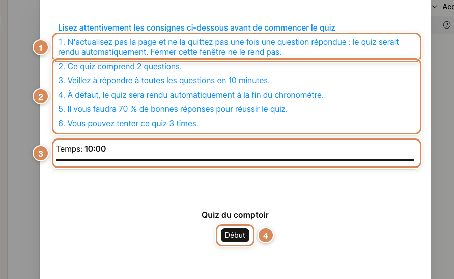 La fenêtre du quiz : les consignes, le chronomètre et le bouton Début