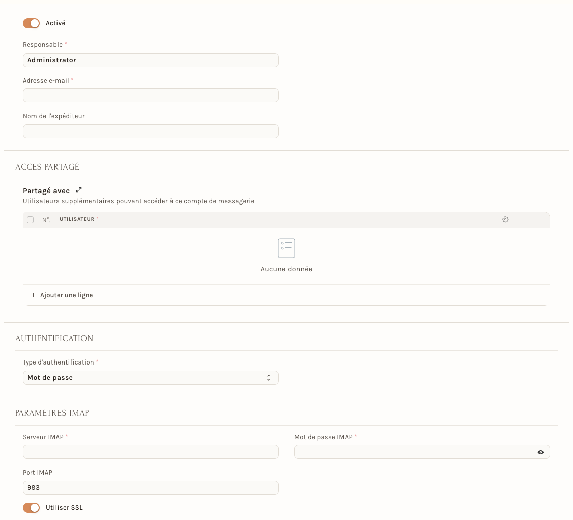 La fiche d'un Compte Webmail, sans rien de rempli