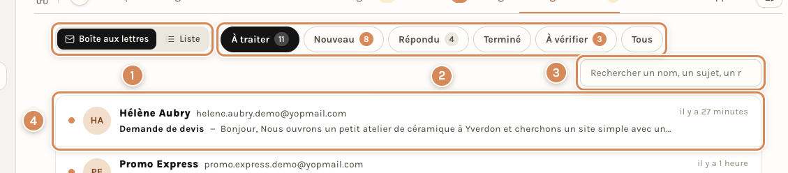 La boîte aux lettres des messages du site : le commutateur Boîte aux lettres ou Liste, les boîtes, la recherche et un premier message