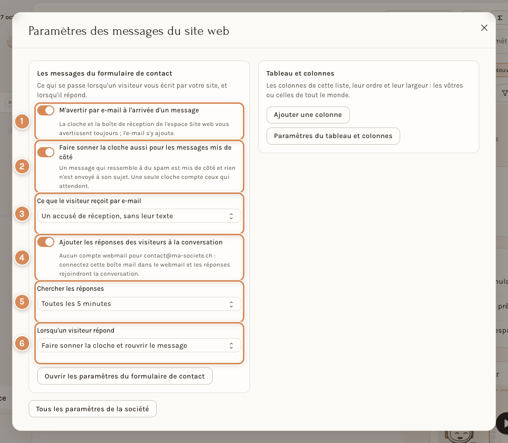 La fenêtre des paramètres des messages du site web : les six réglages du formulaire de contact