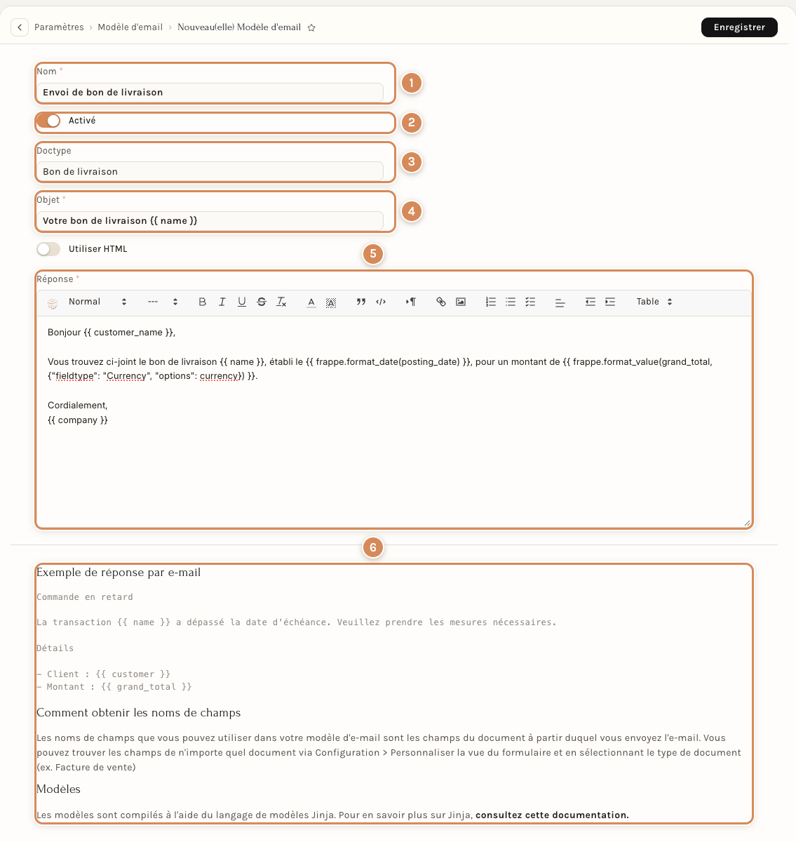 La fiche d'un nouveau modèle, remplie pour les bons de livraison