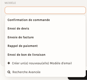 La liste du champ Modèle : les modèles activés, puis deux lignes qui ne sont pas des modèles