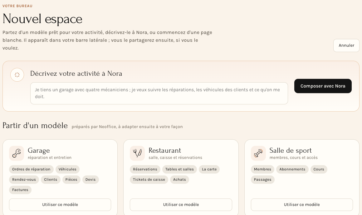 L'écran Nouvel espace : décrire à Nora, partir d'un modèle