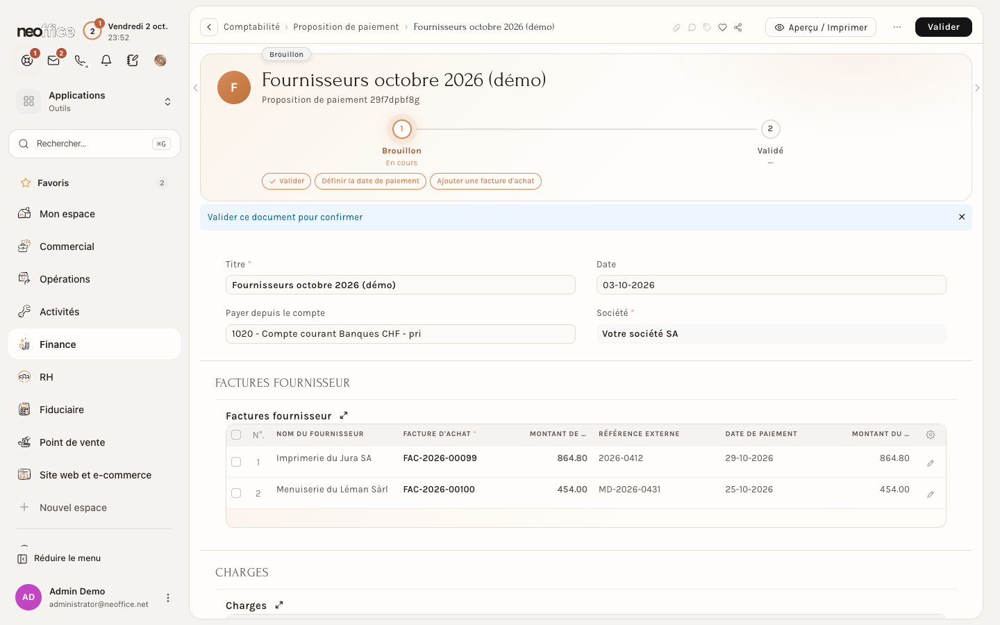 Une proposition en brouillon : titre, compte, date et factures
