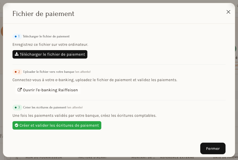 La fenêtre Fichier de paiement et ses trois étapes