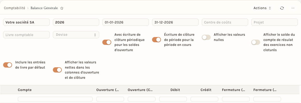 Un rapport : la Balance Générale, ses filtres et l'en-tête du tableau