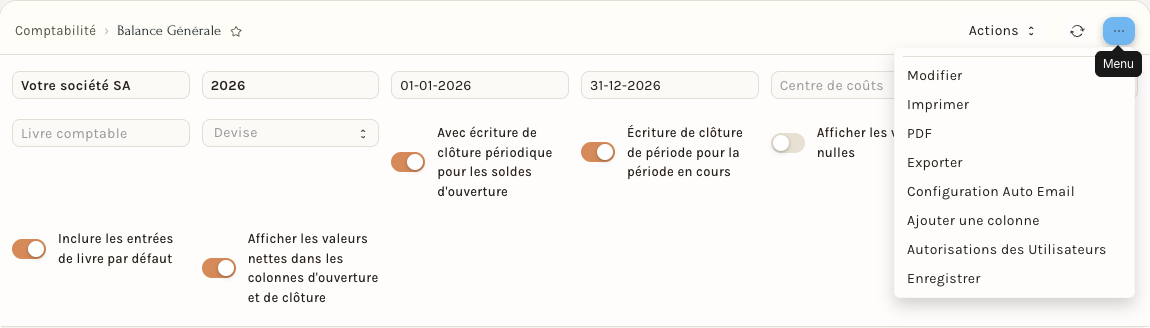 Le menu d'un rapport : Imprimer, PDF, Exporter, Ajouter une colonne, Enregistrer