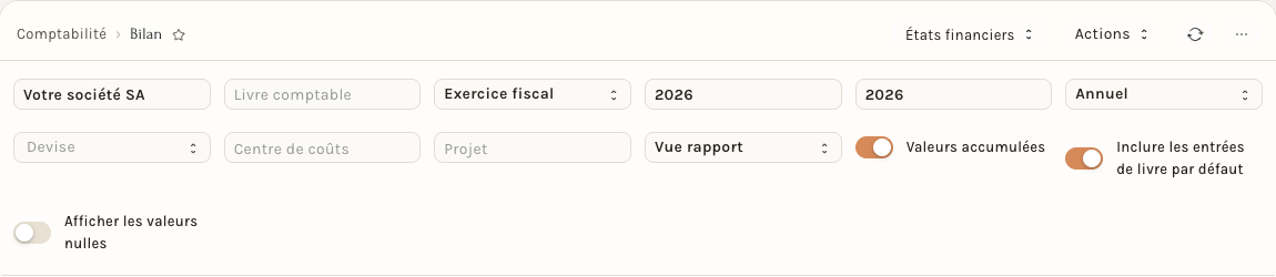 Le bilan : société, exercices, périodicité et options