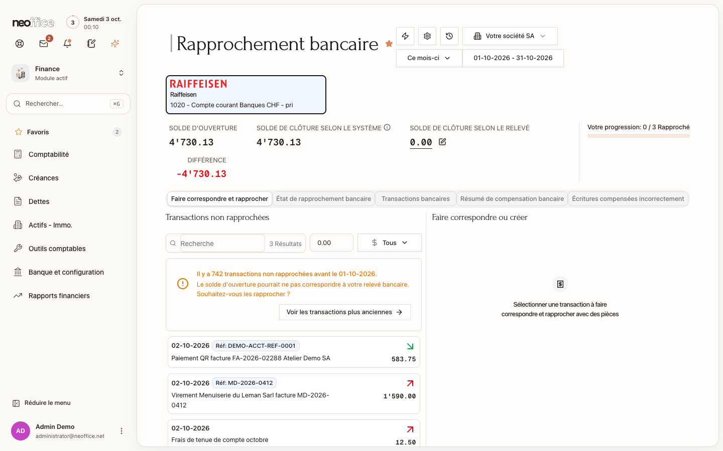 L'écran de rapprochement : soldes, progression et transactions à rapprocher