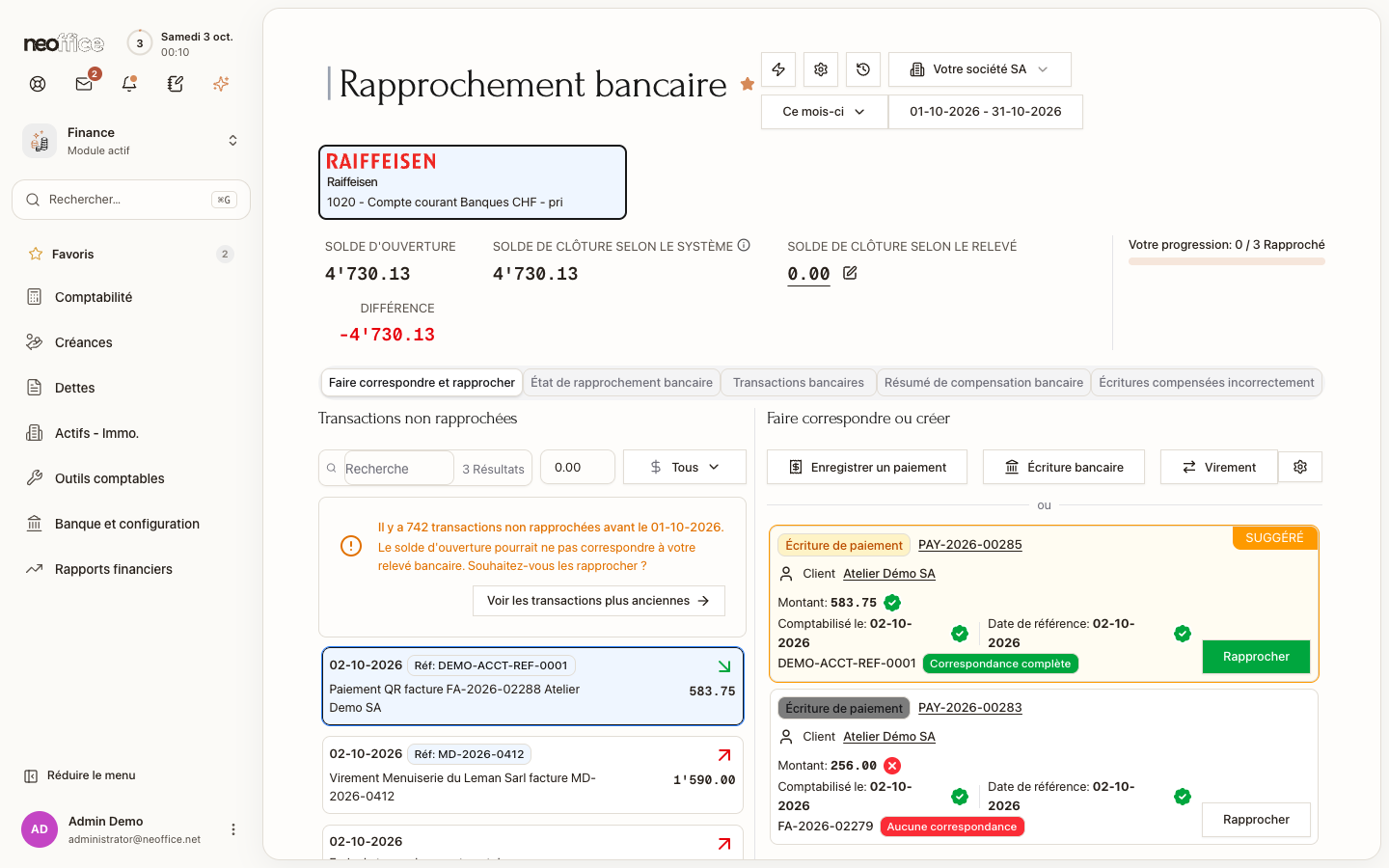 Une transaction sélectionnée et l'écriture de paiement que Neoffice suggère