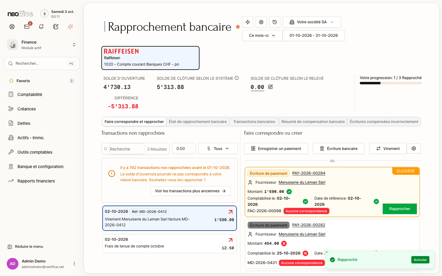 Une transaction rapprochée : la notification et la progression