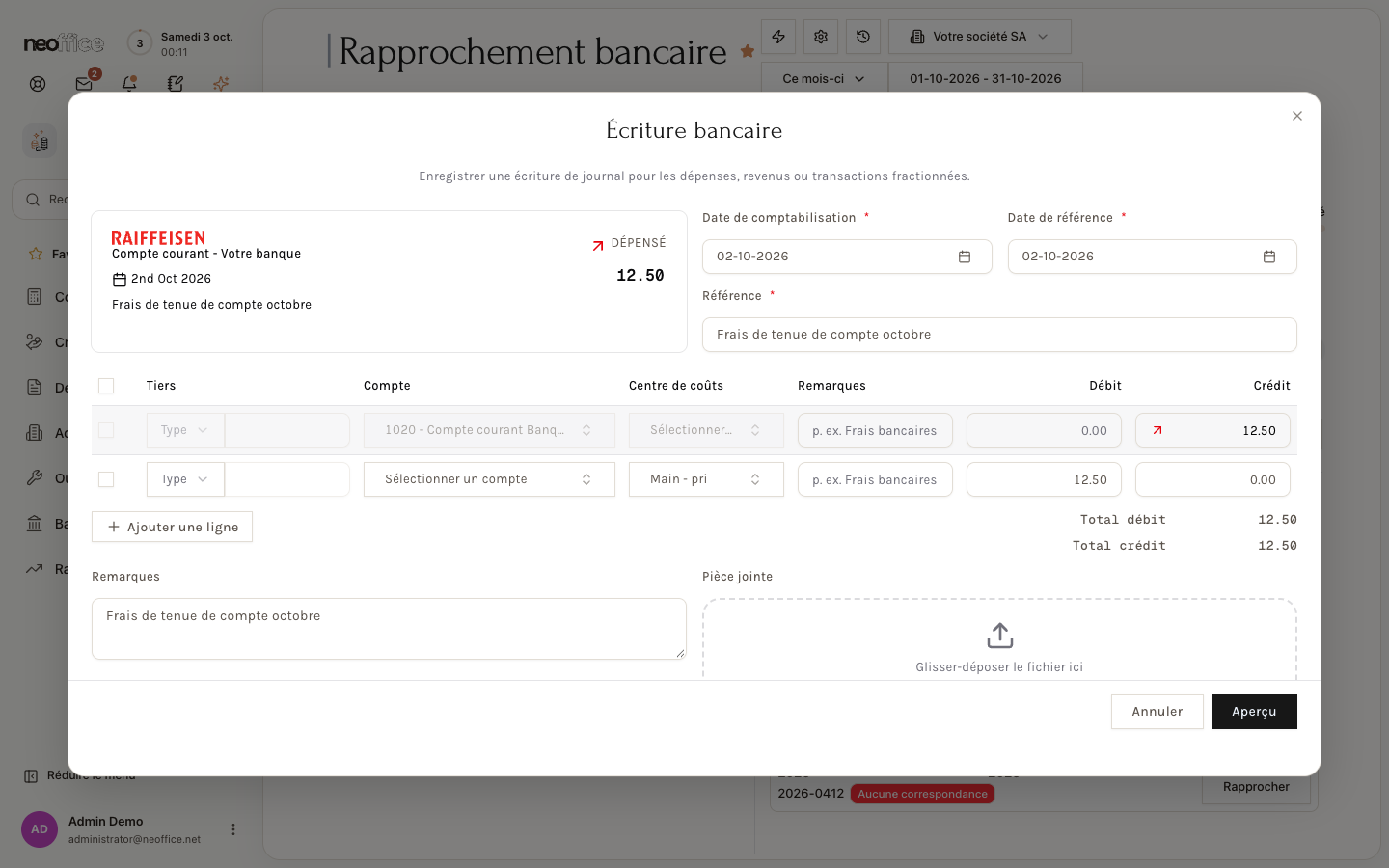 La fenêtre Écriture bancaire