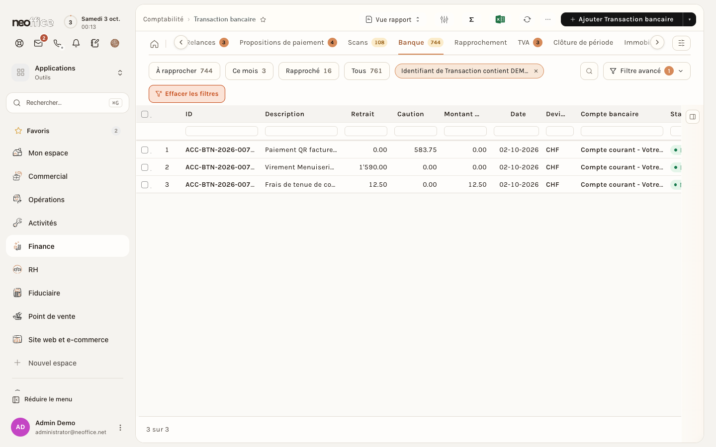 La liste des transactions bancaires, filtrée sur trois transactions de démonstration