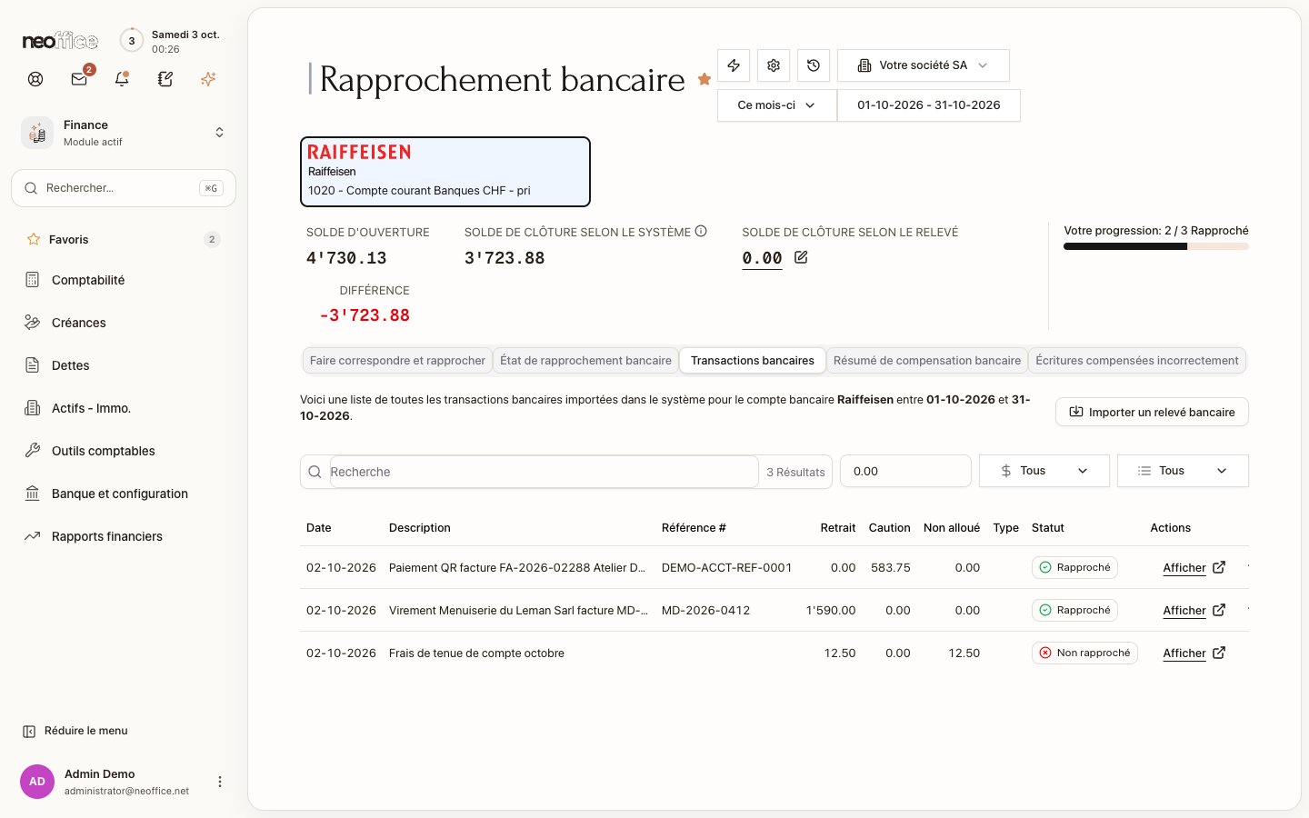 Les transactions de la période et leur statut