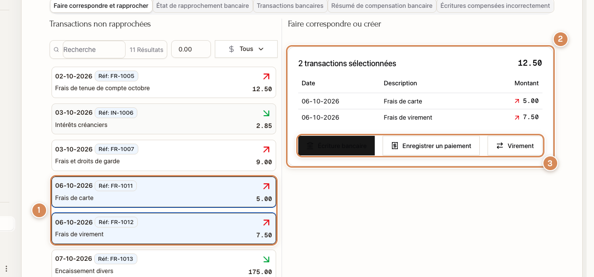 Deux transactions sélectionnées : le total et les trois boutons