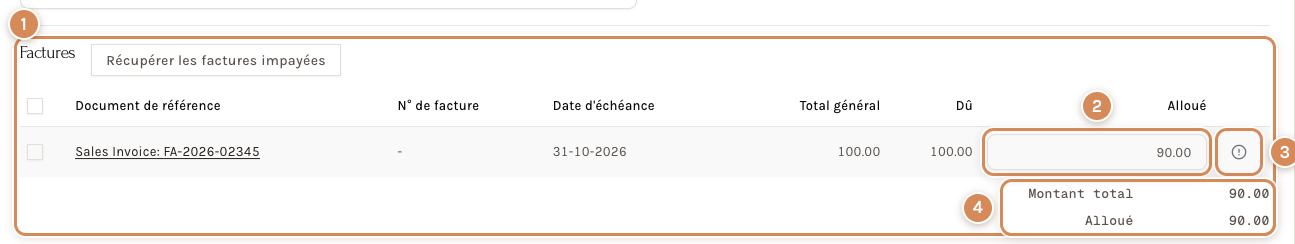 La facture est affectée pour 90.00 seulement : l'icône propose de la payer en entier