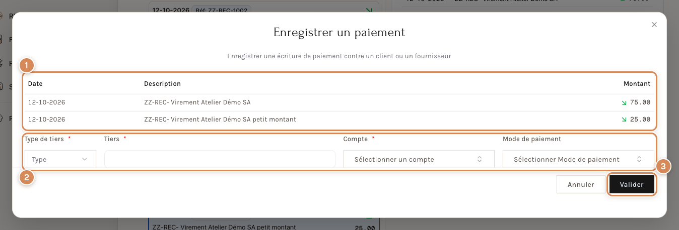 Deux lignes sélectionnées : la fenêtre Enregistrer un paiement en lot