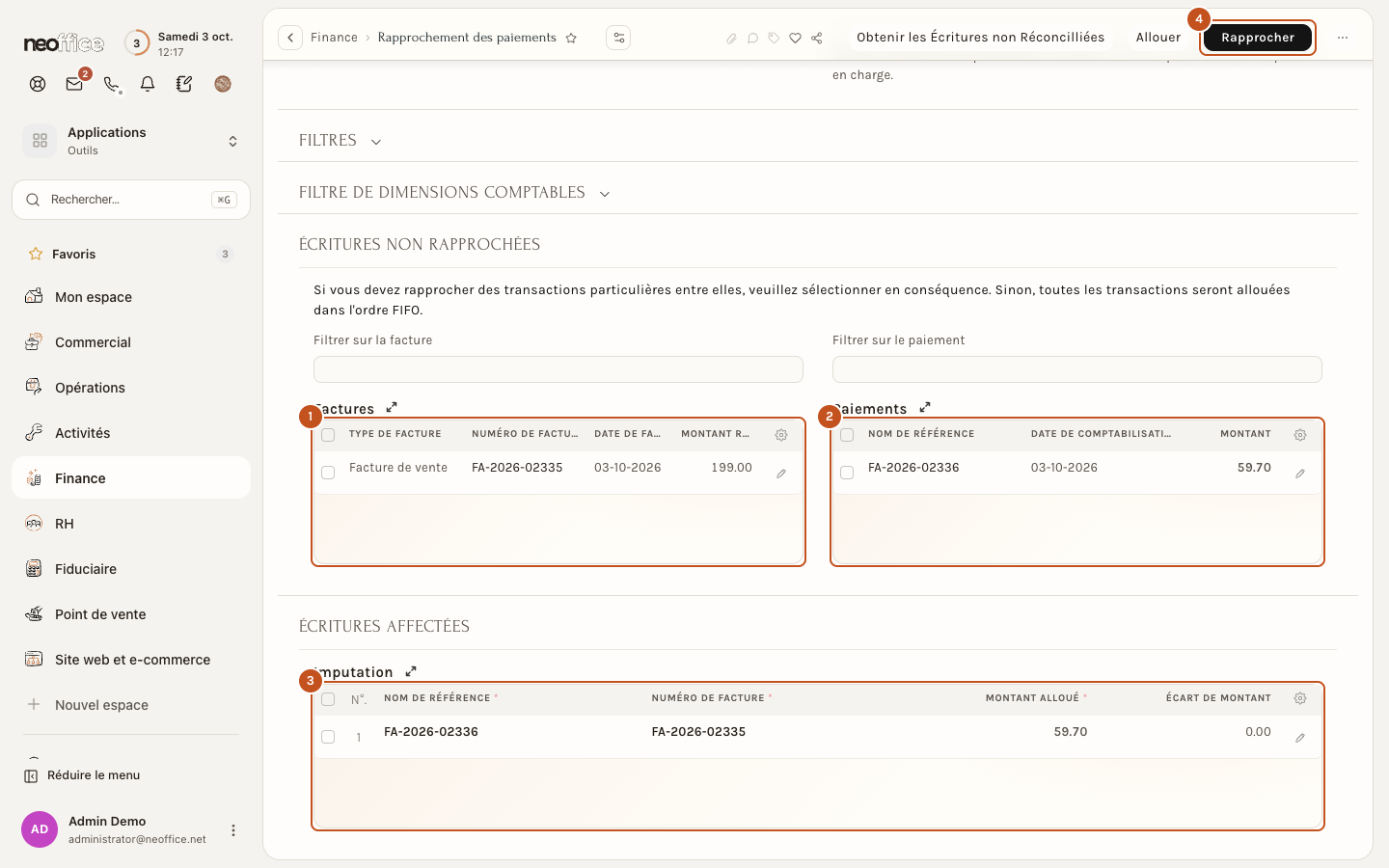 Le rapprochement de l'avoir de −59.70 avec la facture de 199.00 : sélection, tableau d'imputation et bouton Rapprocher