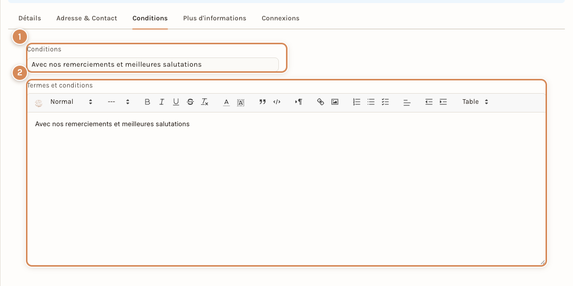 L'onglet Conditions d'une réception : conditions et termes et conditions