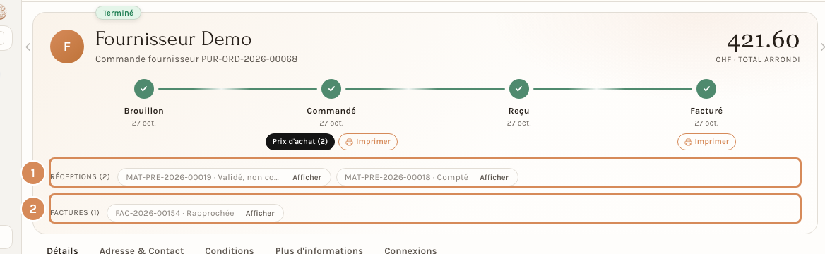 La commande reçue et facturée, avec ses deux réceptions