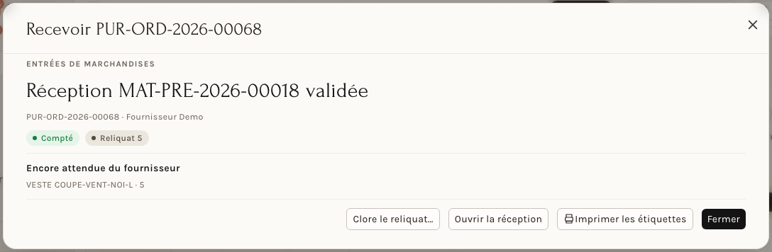 La réception validée, son reliquat et les suites proposées