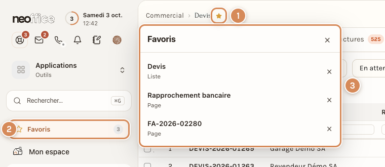 La liste des favoris, avec l'étoile pleine du titre