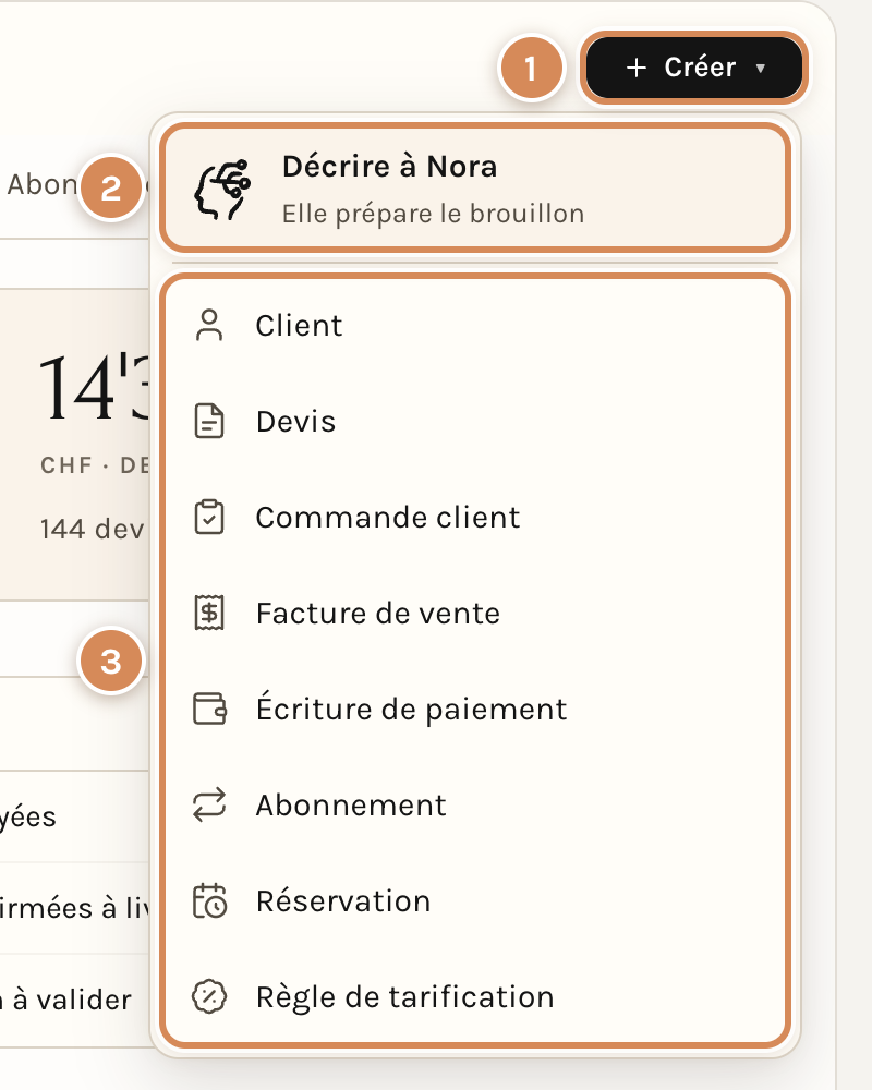 Le menu Créer de l'espace Commercial