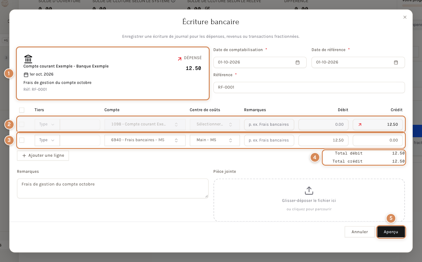La fenêtre Écriture bancaire ouverte par la règle